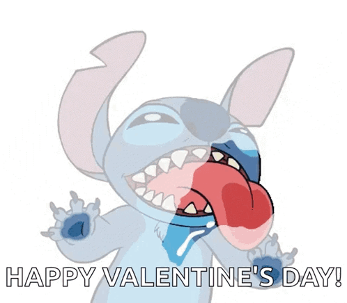 A Stitch Cartoon Says Happy Valentine 'S Day With His Tongue Out GIF
