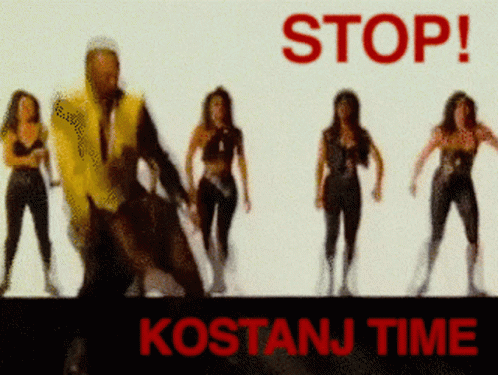 A Stop Kostanj Time Poster With A Man In A Yellow Vest Dancing GIF