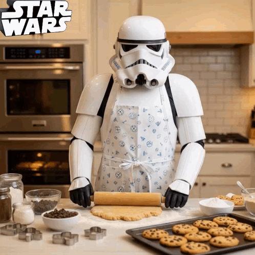 A Storm Trooper In An Apron Is Rolling Out Dough In A Kitchen GIF