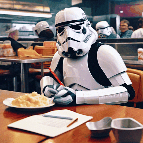 A Storm Trooper Is Sitting At A Table With A Plate Of Macaroni And Cheese GIF