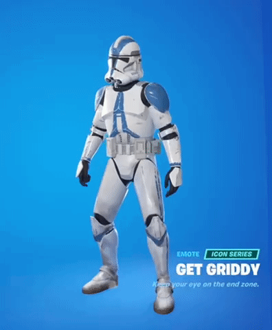 A Storm Trooper Is Standing On A Blue Background With The Text Get Griddy GIF