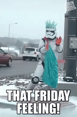 A Storm Trooper With A Statue Of Liberty On His Head Is Holding A Bag That Says That Friday Feeling GIF