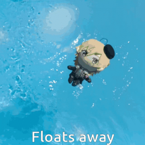 A Stuffed Animal Floats In A Pool With The Words Floats Away Below It GIF