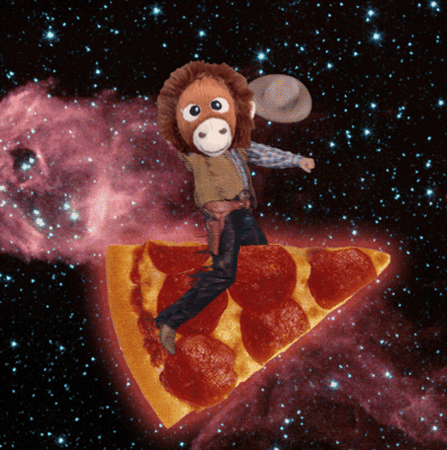 A Stuffed Animal In A Cowboy Outfit Is Riding On A Slice Of Pepperoni Pizza GIF