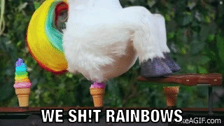 A Stuffed Animal In A Unicorn Costume Is Standing Next To Ice Cream Cones And Says `` We Shit Rainbows '' . GIF