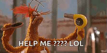 A Stuffed Animal Is Holding A Hair Dryer And Says `` Help Me ? Lol '' . GIF