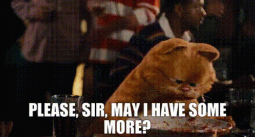 A Stuffed Animal Is Sitting At A Table With A Plate Of Food And Says Please Sir May I Have Some More . GIF
