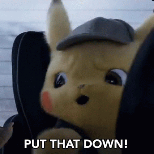 A Stuffed Animal Is Sitting In A Car Seat With The Words `` Put That Down '' Written Next To It . GIF