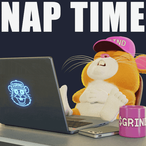 A Stuffed Animal Is Sitting In Front Of A Laptop With The Words Nap Time Written Above It GIF