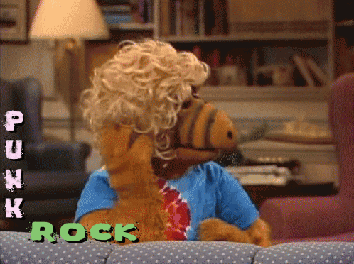 A Stuffed Animal Is Sitting On A Couch With The Words Punk Rock Written On It GIF