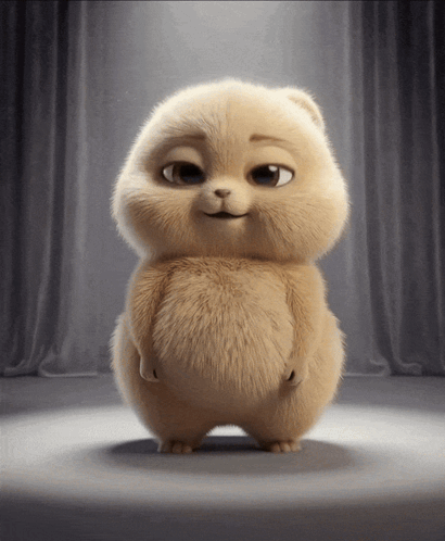 A Stuffed Animal Is Standing In Front Of A Grey Curtain GIF