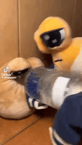 A Stuffed Animal Is Standing Next To A Bottle Of Water And A Pair Of Slippers . GIF