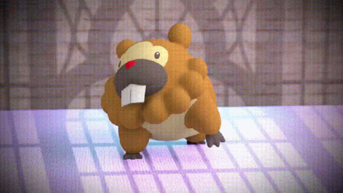 A Stuffed Animal Is Standing On A Purple Tile Floor GIF