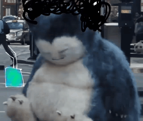 A Stuffed Animal Is Walking Down A Street With A Bag In Its Paws GIF