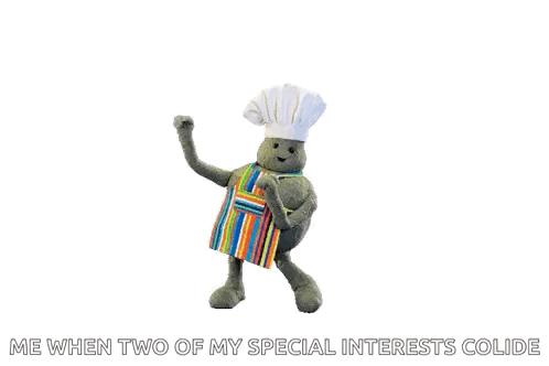 a stuffed animal is wearing a chef 's hat and apron and says me when two of my special interests collide