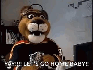 A Stuffed Animal Mascot Is Sitting In Front Of A Computer And Says `` Let 'S Go Home Baby '' . GIF