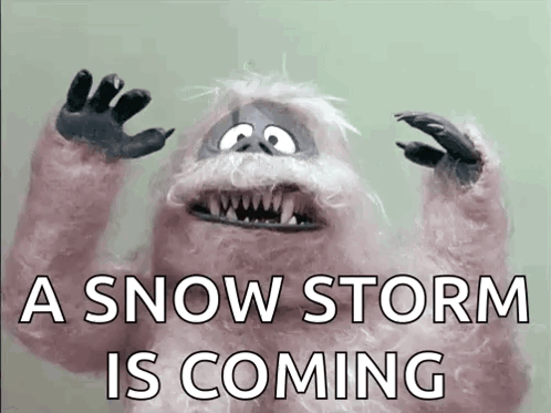 A Stuffed Animal Says A Snow Storm Is Coming With Its Hands In The Air GIF