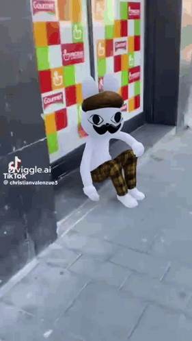 A Stuffed Animal Wearing A Hat And A Mustache Is Sitting On The Sidewalk . GIF