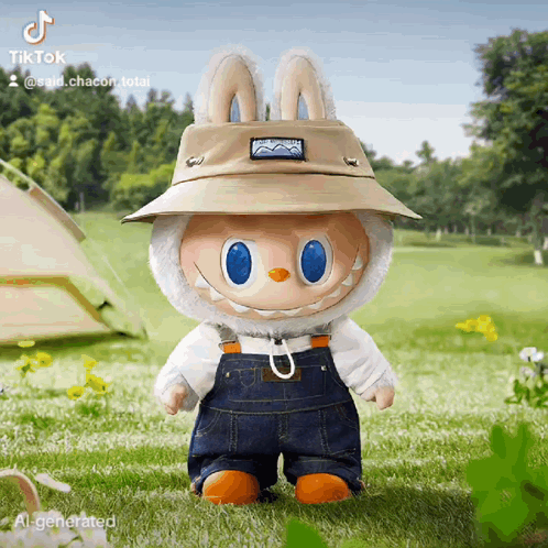 A Stuffed Animal Wearing A Hat And Overalls Is Standing In The Grass With A Tent In The Background GIF