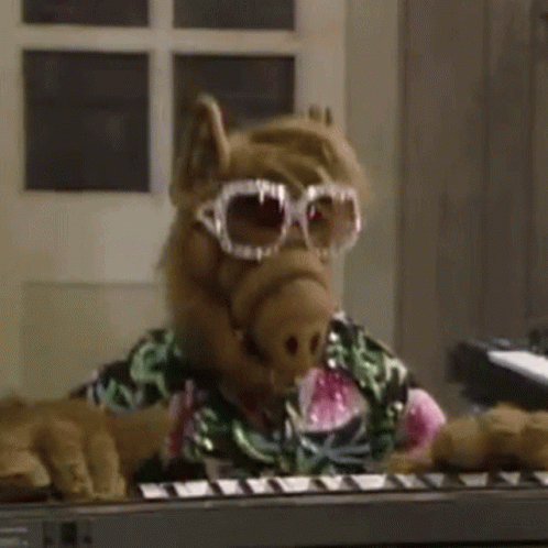 A Stuffed Animal Wearing Sunglasses And A Shirt Is Sitting At A Keyboard . GIF