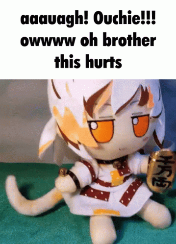 A Stuffed Animal With A Caption That Says " Ouchie " GIF