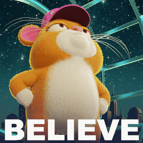 A Stuffed Animal With A Pink Hat And The Word Believe Behind It GIF