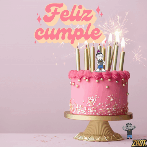 A Stuffed Animal With A Shirt That Says Zhot Stands Next To A Pink Cake GIF