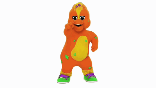A Stuffed Animal With A Yellow And Orange Body And Green Shoes GIF