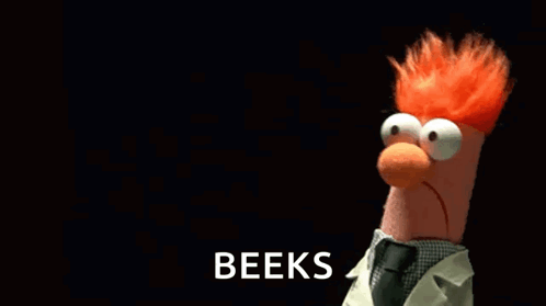 A Stuffed Animal With Red Hair Is Holding A Microphone In Front Of A Black Background That Says Beeks GIF