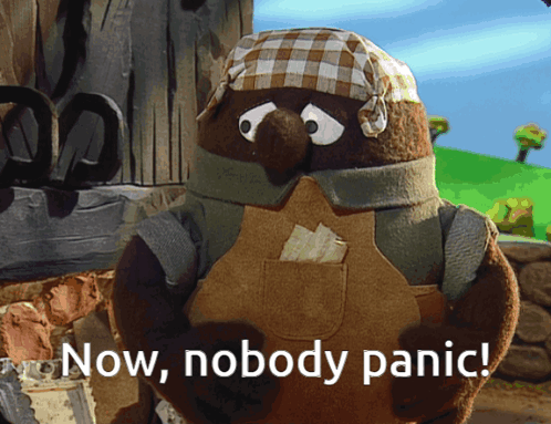 A Stuffed Animal With The Words Now Nobody Panic Written On It GIF