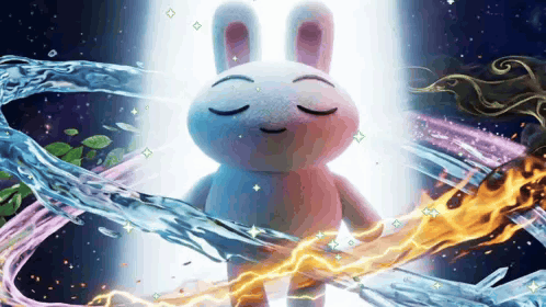 A Stuffed Bunny With Its Eyes Closed Is Surrounded By Fire And Water GIF