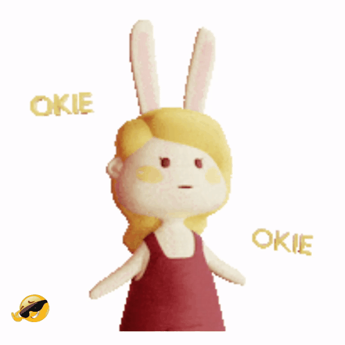 A Stuffed Bunny With The Word Okie Behind Her GIF