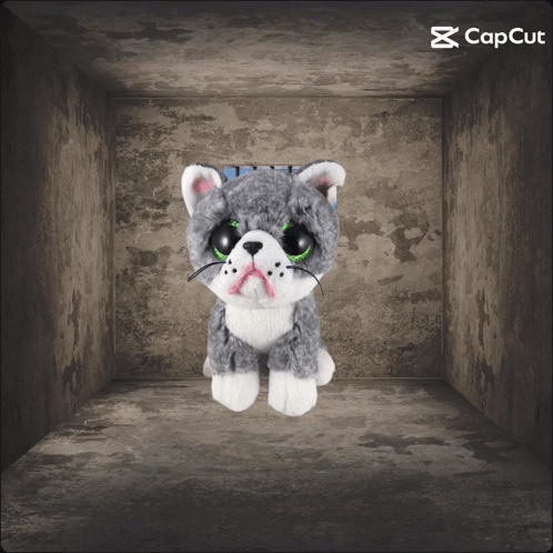 A Stuffed Cat With Green Eyes Is Sitting In A Dark Room With Capcut Written On The Bottom GIF