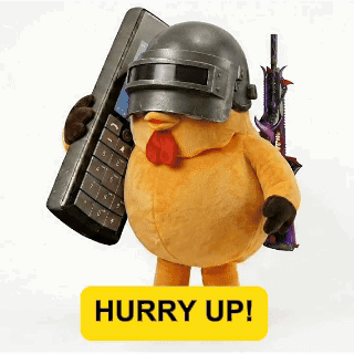 A Stuffed Chicken Wearing A Helmet And Holding A Keyboard And A Gun Says Hurry Up . GIF