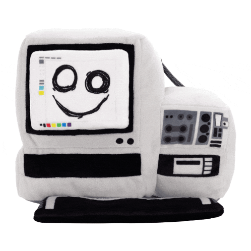 A Stuffed Computer With A Smiling Face Drawn On It GIF