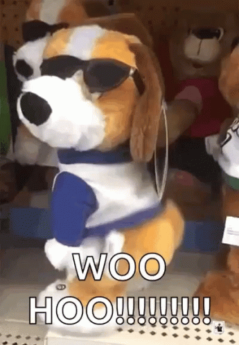 A Stuffed Dog Wearing Sunglasses And A Blue Shirt Says Woo Hoo ! GIF