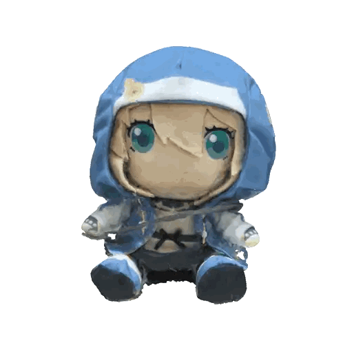 a stuffed doll with a blue hood and green eyes