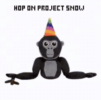 A Stuffed Gorilla Wearing A Party Hat With The Words `` Hop On Project Show '' Written Above It . GIF