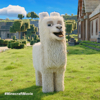 A Stuffed Llama Is Standing In A Grassy Field With A Minecraft Movie Written On The Bottom GIF