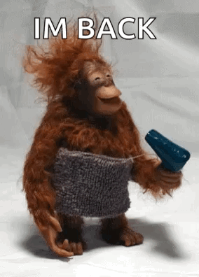 A Stuffed Monkey Is Holding A Hair Dryer And A Knitted Scarf . GIF