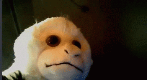 A Stuffed Monkey Is Looking At The Camera With A Sad Look On Its Face GIF