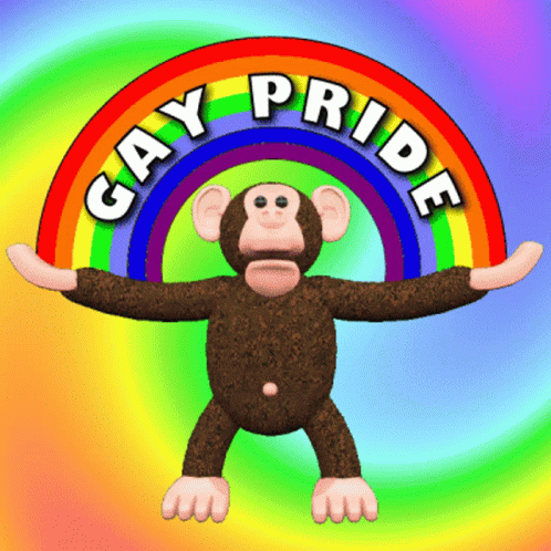A Stuffed Monkey Is Standing In Front Of A Rainbow And The Words Gay Pride GIF