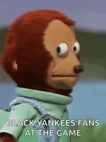 A Stuffed Monkey With The Words Black Yankees Fans At The Game Written On It 'S Face . GIF