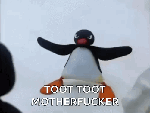 A Stuffed Penguin Is Flying Through The Air With The Words `` Toot Toot Motherfucker '' Written Below It . GIF