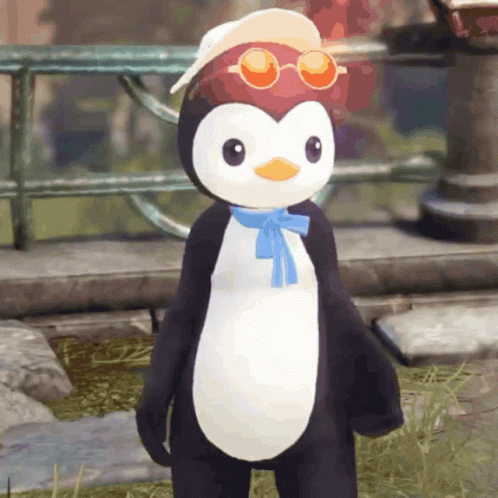 A Stuffed Penguin Wearing A Hat And Sunglasses Is Standing In The Grass GIF