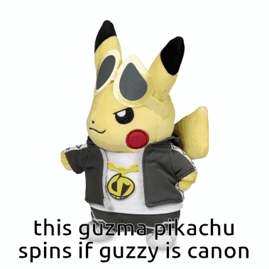 A Stuffed Pikachu Wearing Sunglasses And A Black Jacket Says This Guzma Pikachu Spins If Guzzy Is Canon GIF