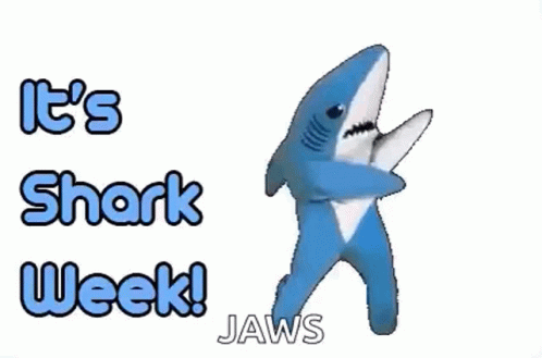 A Stuffed Shark Is Dancing In Front Of A Sign That Says `` It 'S Shark Week ! Jaws '' . GIF
