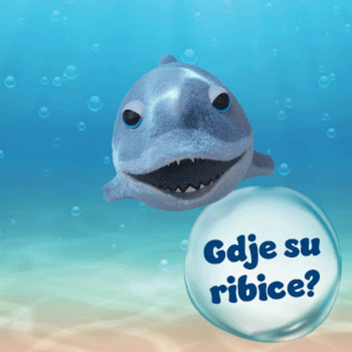 A Stuffed Shark With A Bubble That Says Gdje Su Ribice On It GIF