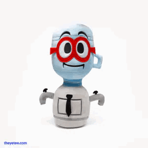 A Stuffed Toy Of A Water Bottle With Glasses And A Tie . GIF