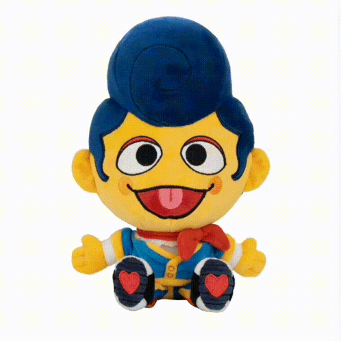 A Stuffed Toy With A Tongue Sticking Out And A Blue Haircut GIF